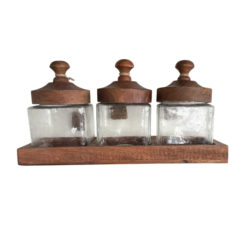 Rustic Glass Kitchen Canister Set 3 Coffee Sugar Tea Wood Lids & Tray India